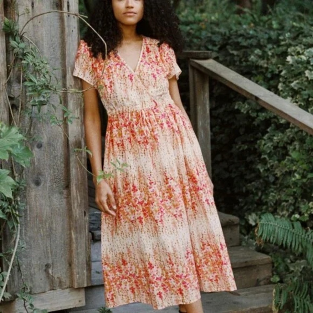 Christy Dawn (S) The Dawn Dress- Orange/Red/White Floral Short Sleeve Midi Dress